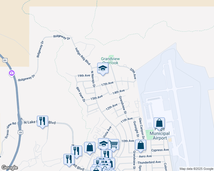 map of restaurants, bars, coffee shops, grocery stores, and more near 1651 Mesa Drive in Page