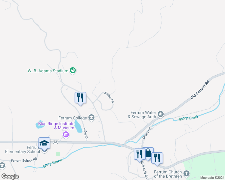 map of restaurants, bars, coffee shops, grocery stores, and more near 115 Owens Drive in Ferrum