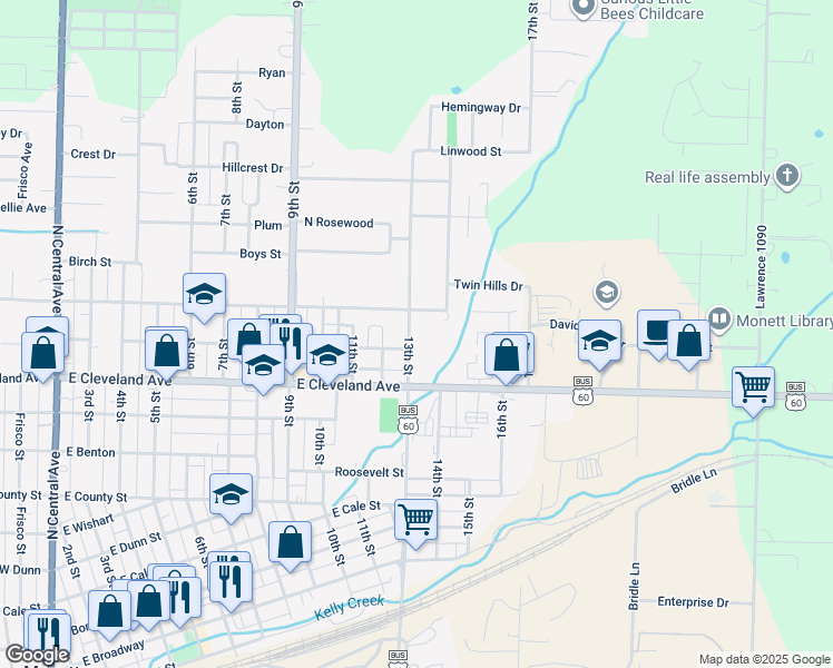 map of restaurants, bars, coffee shops, grocery stores, and more near 901-999 13th St in Monett