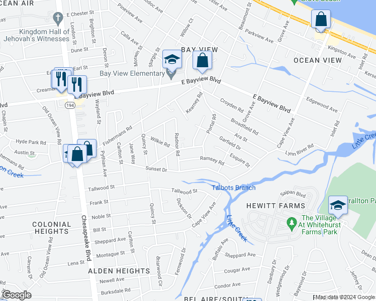 map of restaurants, bars, coffee shops, grocery stores, and more near 1411 Exeter Road in Norfolk