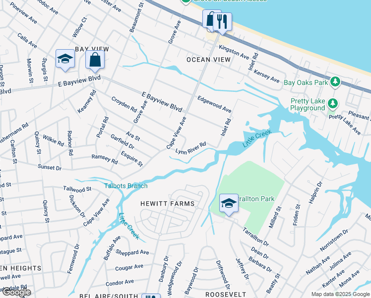 map of restaurants, bars, coffee shops, grocery stores, and more near 8471 Lynn River Road in Norfolk