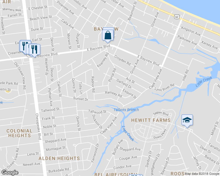 map of restaurants, bars, coffee shops, grocery stores, and more near 8432 Portal Road in Norfolk