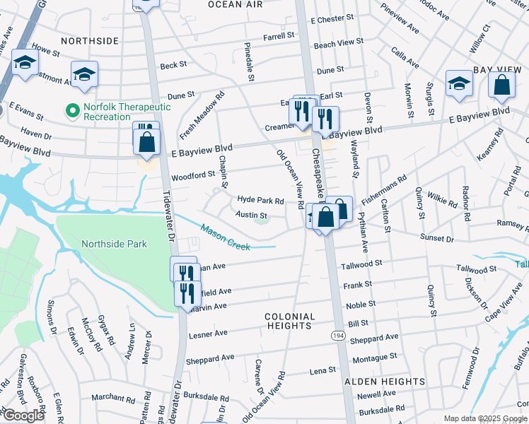 map of restaurants, bars, coffee shops, grocery stores, and more near 522 Austin Street in Norfolk