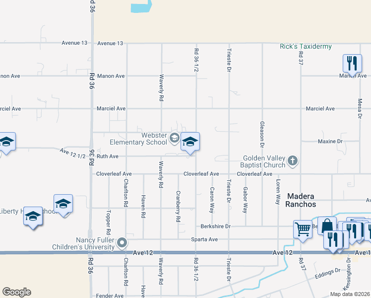 map of restaurants, bars, coffee shops, grocery stores, and more near 36477 Ruth Avenue in Madera