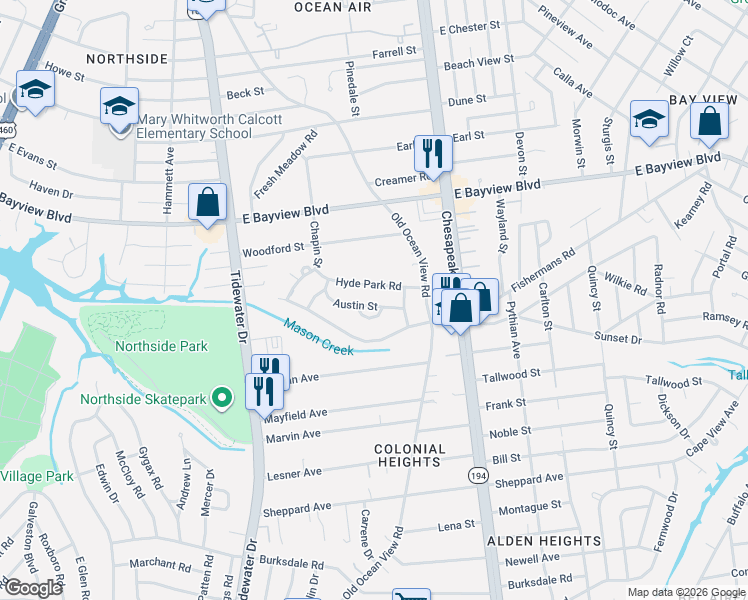 map of restaurants, bars, coffee shops, grocery stores, and more near 522 Austin Street in Norfolk