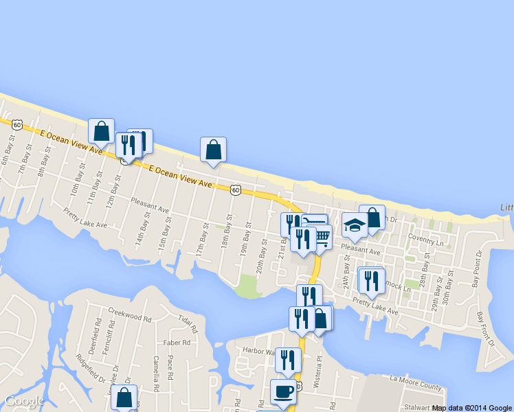 map of restaurants, bars, coffee shops, grocery stores, and more near 9621 19th Bay Street in Norfolk