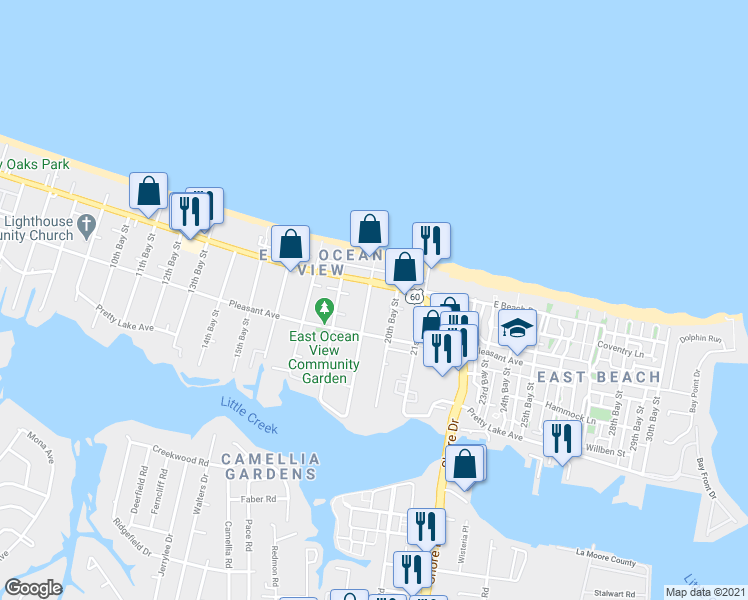map of restaurants, bars, coffee shops, grocery stores, and more near 9621 19th Bay Street in Norfolk