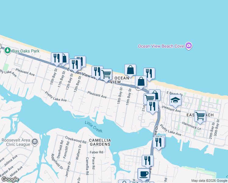 map of restaurants, bars, coffee shops, grocery stores, and more near 9617 18th Bay Street in Norfolk