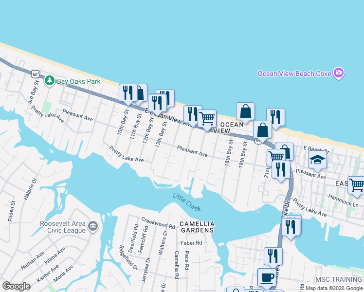 map of restaurants, bars, coffee shops, grocery stores, and more near 3510 Pleasant Avenue in Norfolk