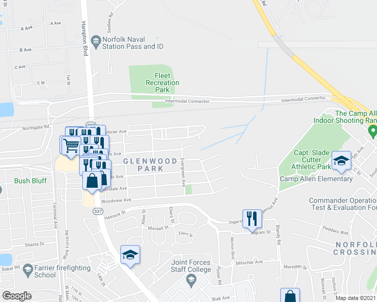 map of restaurants, bars, coffee shops, grocery stores, and more near 8411 Boush Creek Avenue in Norfolk