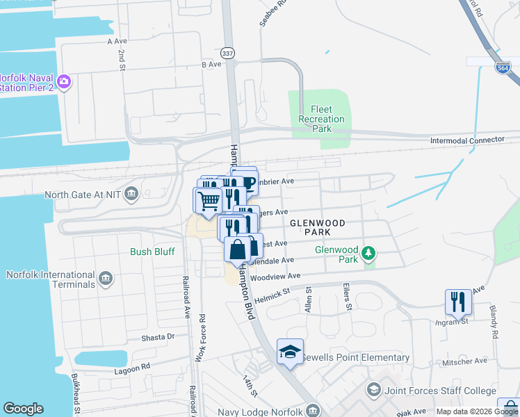map of restaurants, bars, coffee shops, grocery stores, and more near 8510 Hampton Boulevard in Norfolk