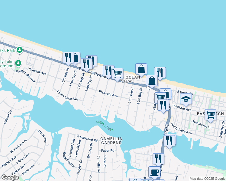map of restaurants, bars, coffee shops, grocery stores, and more near 9629 16th Bay Street in Norfolk
