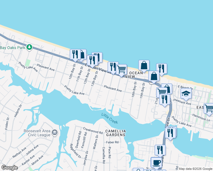 map of restaurants, bars, coffee shops, grocery stores, and more near 3510 Pleasant Avenue in Norfolk