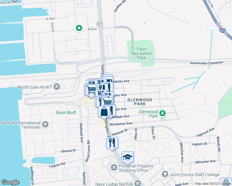 map of restaurants, bars, coffee shops, grocery stores, and more near 8510 Hampton Boulevard in Norfolk