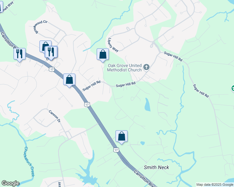 map of restaurants, bars, coffee shops, grocery stores, and more near 23460 Sugar Hill Road in Carrollton