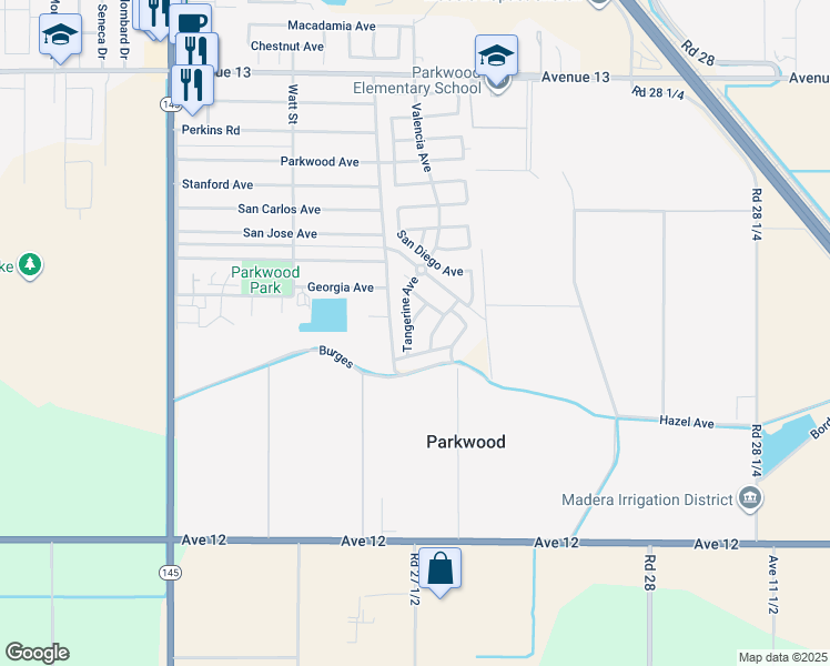 map of restaurants, bars, coffee shops, grocery stores, and more near 2045 Tangerine Avenue in Madera