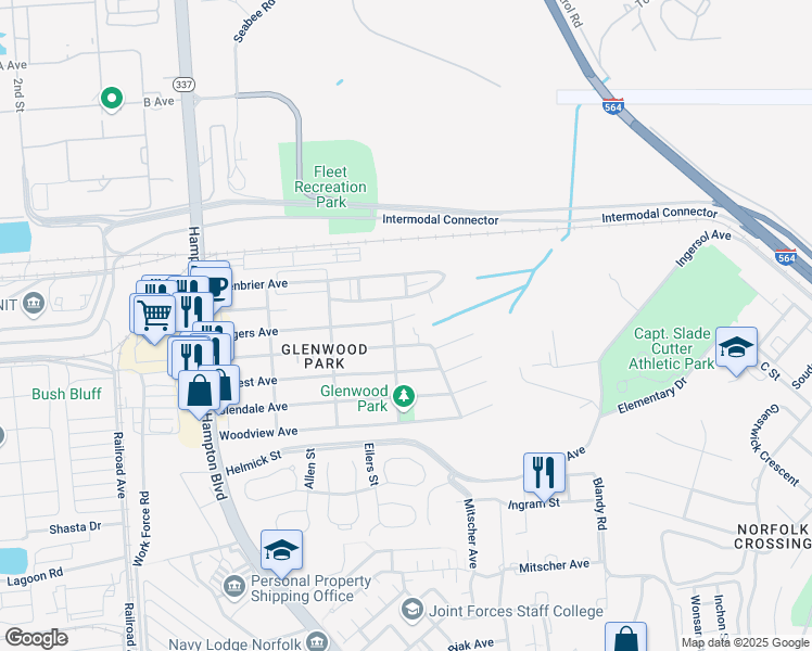 map of restaurants, bars, coffee shops, grocery stores, and more near 8411 Boush Creek Avenue in Norfolk