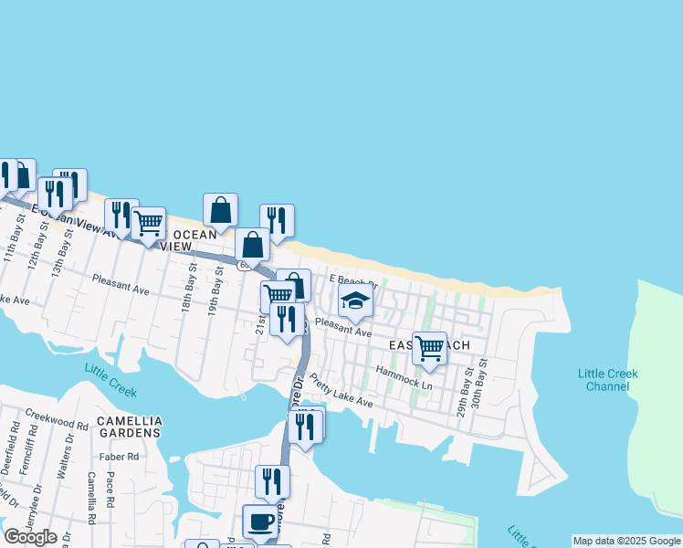map of restaurants, bars, coffee shops, grocery stores, and more near 4370 East Beach Drive in Norfolk