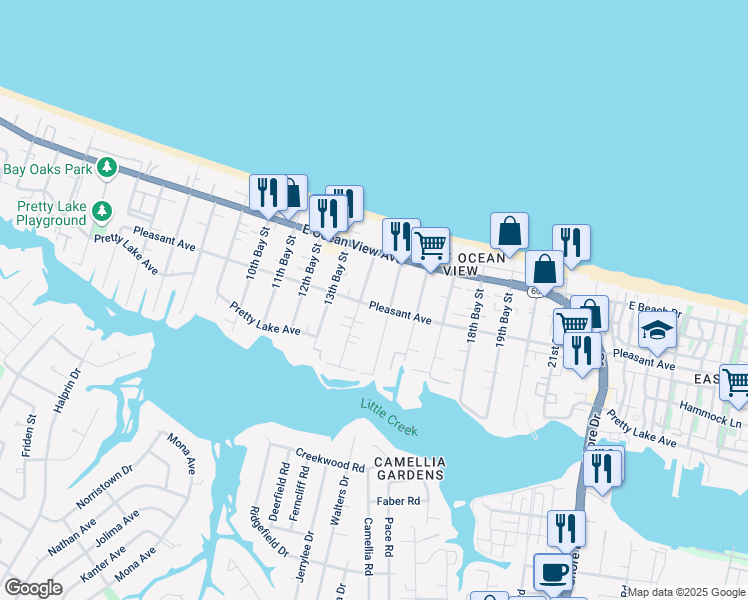 map of restaurants, bars, coffee shops, grocery stores, and more near 9574 14th Bay Street in Norfolk