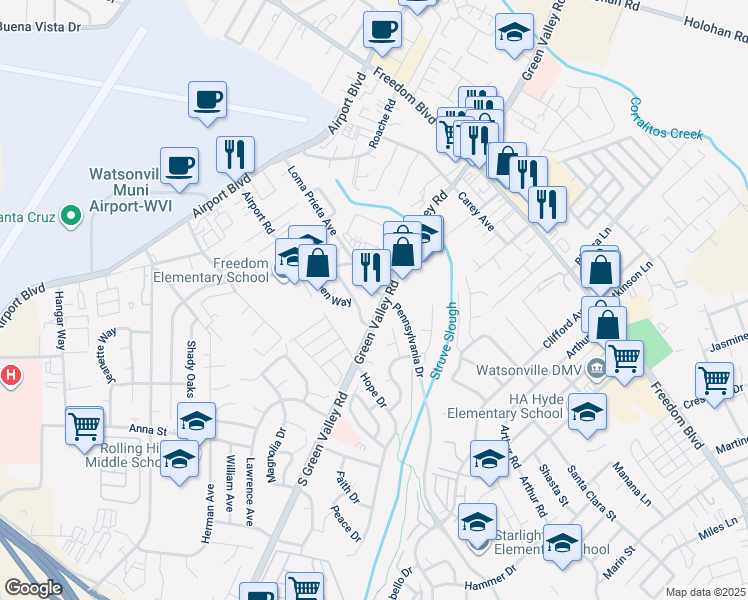 map of restaurants, bars, coffee shops, grocery stores, and more near 40 Penny Lane in Watsonville