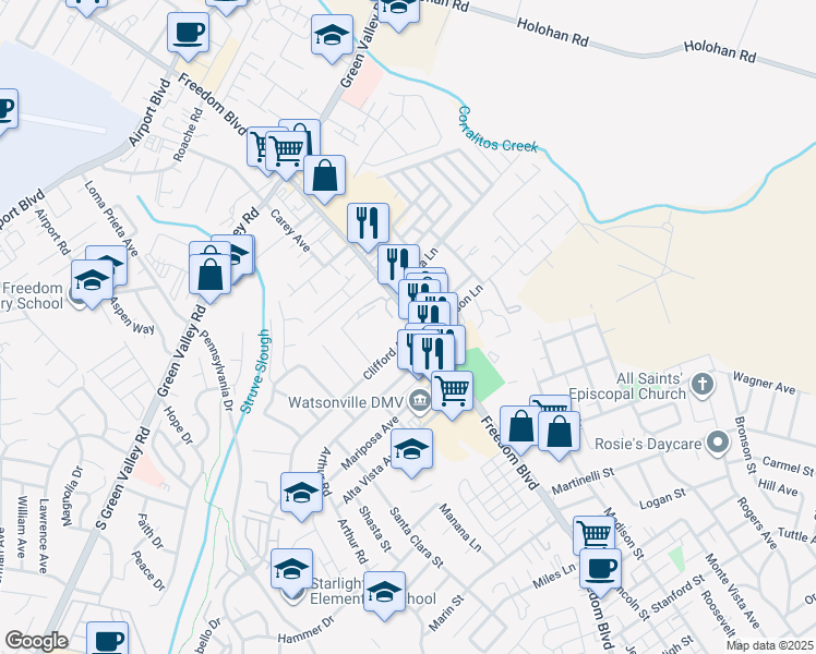 map of restaurants, bars, coffee shops, grocery stores, and more near 1501 Freedom Boulevard in Watsonville