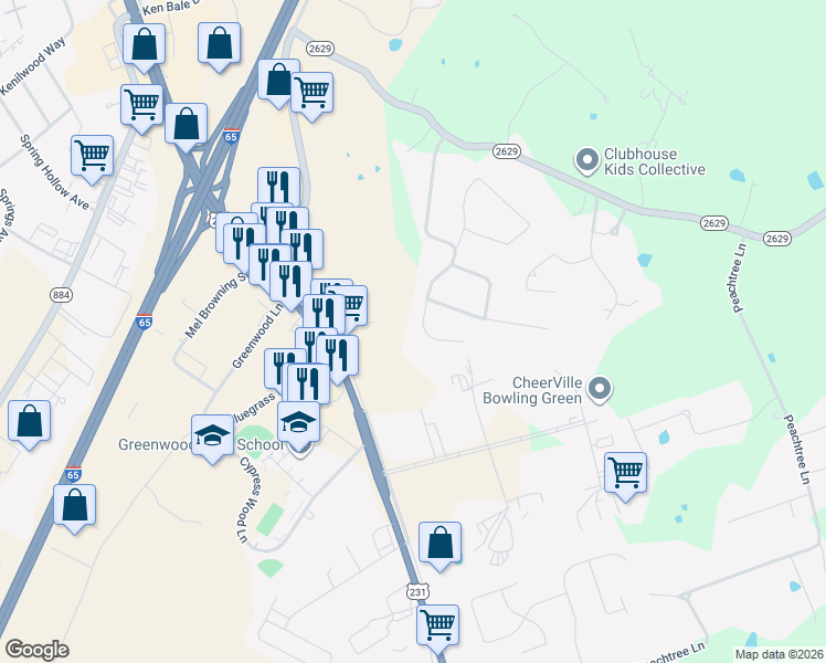 map of restaurants, bars, coffee shops, grocery stores, and more near Deer Meadow Ave in Bowling Green