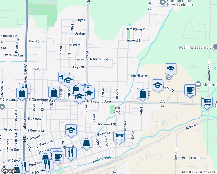 map of restaurants, bars, coffee shops, grocery stores, and more near 910 12th Street in Monett