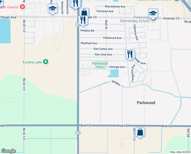 map of restaurants, bars, coffee shops, grocery stores, and more near 12473 Georgia Place in Madera