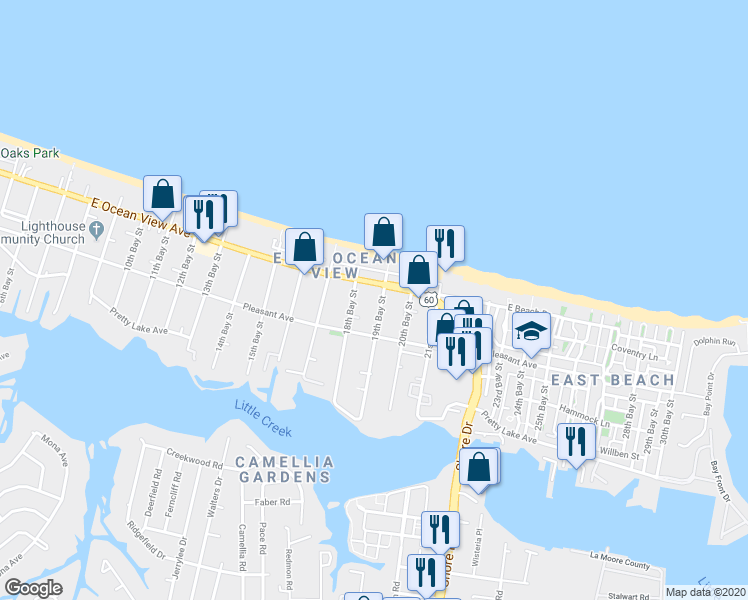 map of restaurants, bars, coffee shops, grocery stores, and more near 9621 19th Bay Street in Norfolk