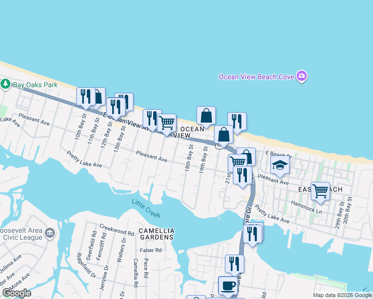 map of restaurants, bars, coffee shops, grocery stores, and more near 9617 18th Bay Street in Norfolk