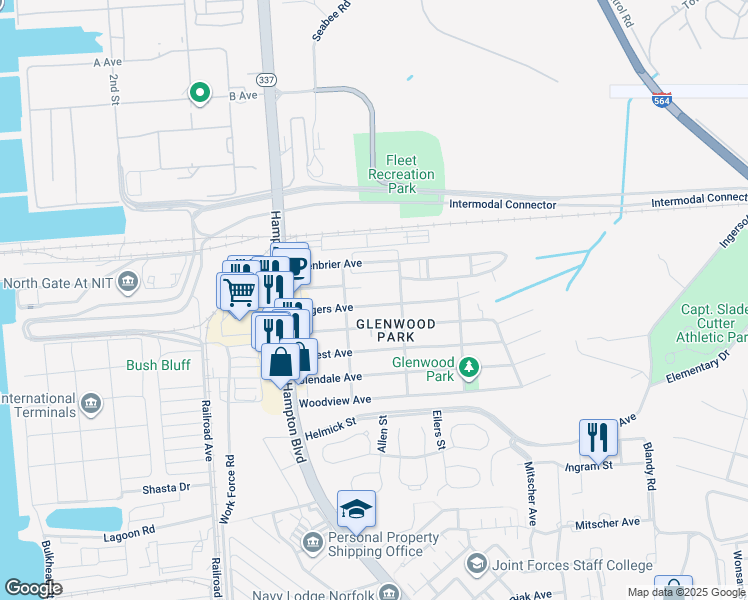 map of restaurants, bars, coffee shops, grocery stores, and more near 223 Rogers Avenue in Norfolk