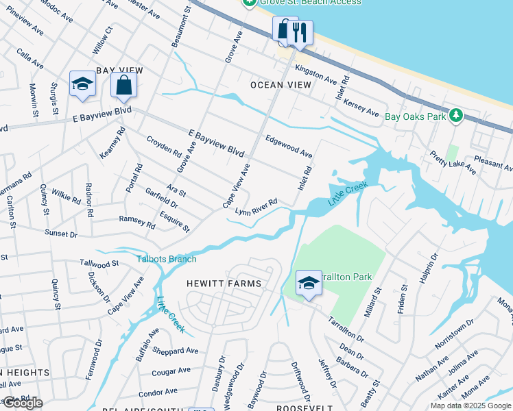 map of restaurants, bars, coffee shops, grocery stores, and more near 8479 Lynn River Road in Norfolk