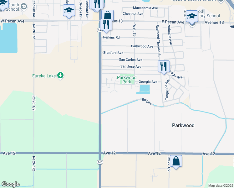 map of restaurants, bars, coffee shops, grocery stores, and more near 12473 Georgia Lane in Madera