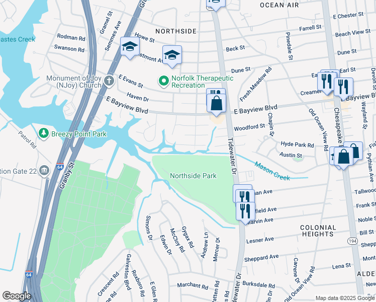 map of restaurants, bars, coffee shops, grocery stores, and more near 263 Louvick Street in Norfolk