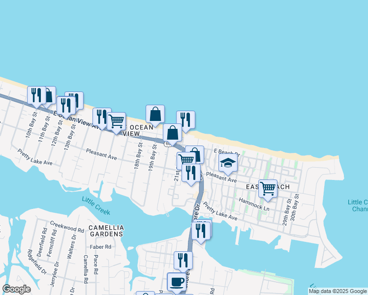 map of restaurants, bars, coffee shops, grocery stores, and more near 9690 Shore Drive in Norfolk