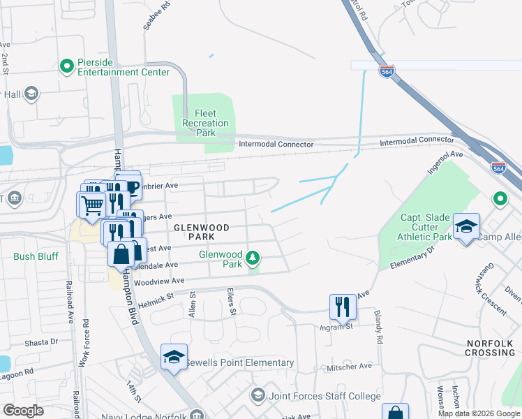 map of restaurants, bars, coffee shops, grocery stores, and more near 8411 Boush Creek Avenue in Norfolk