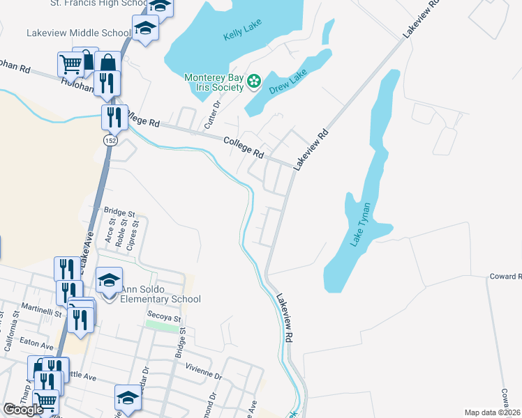 map of restaurants, bars, coffee shops, grocery stores, and more near 105 Kingston Drive in Watsonville