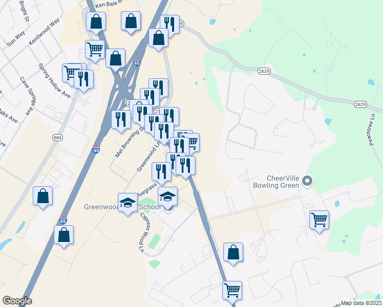 map of restaurants, bars, coffee shops, grocery stores, and more near Cherry Farm Lane in Bowling Green
