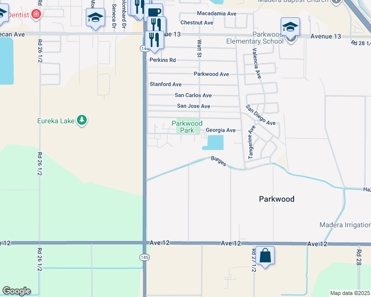 map of restaurants, bars, coffee shops, grocery stores, and more near 12473 Georgia Place in Madera