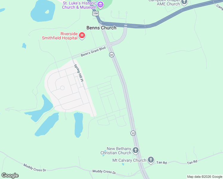 map of restaurants, bars, coffee shops, grocery stores, and more near 15150 Benns Church Boulevard in Smithfield