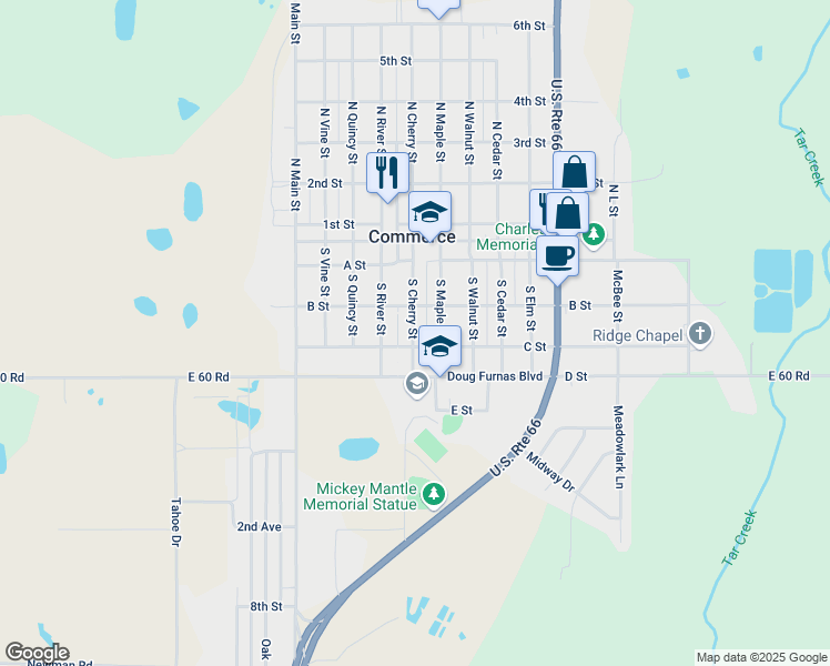 map of restaurants, bars, coffee shops, grocery stores, and more near 400 C Street in Commerce