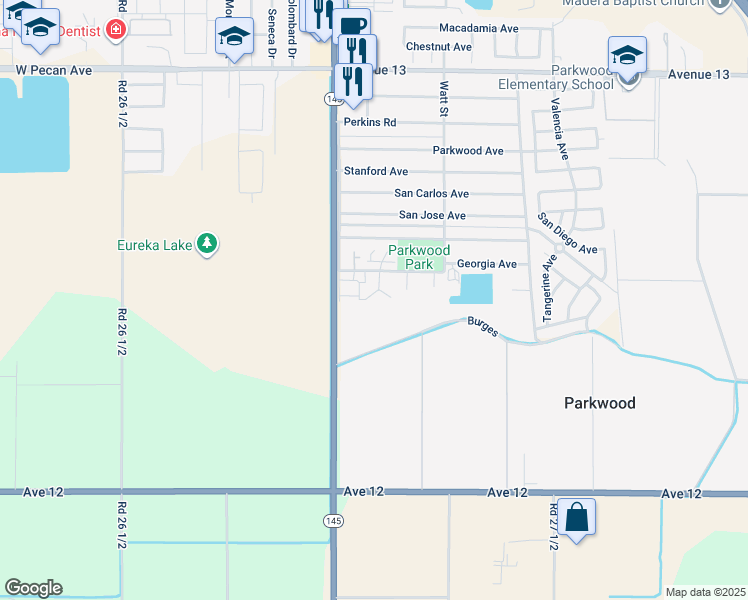 map of restaurants, bars, coffee shops, grocery stores, and more near 12473 Georgia Lane in Madera