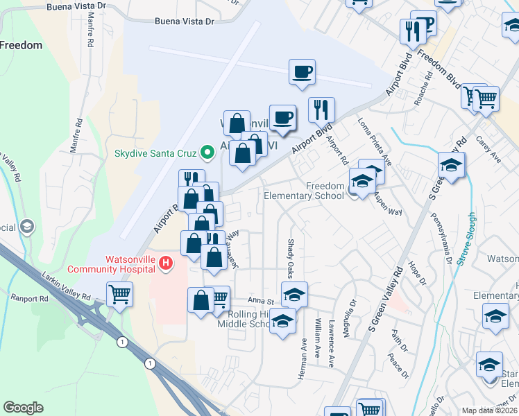 map of restaurants, bars, coffee shops, grocery stores, and more near 17 Orange Blossom Way in Watsonville