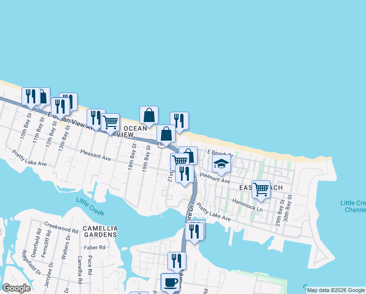 map of restaurants, bars, coffee shops, grocery stores, and more near 9690 Shore Drive in Norfolk