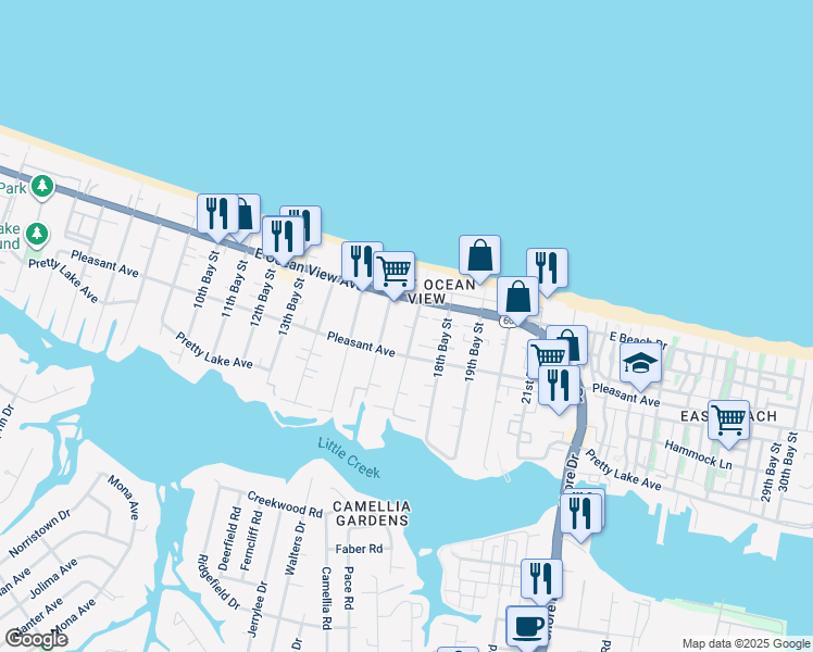 map of restaurants, bars, coffee shops, grocery stores, and more near 9610 16th Bay Street in Norfolk