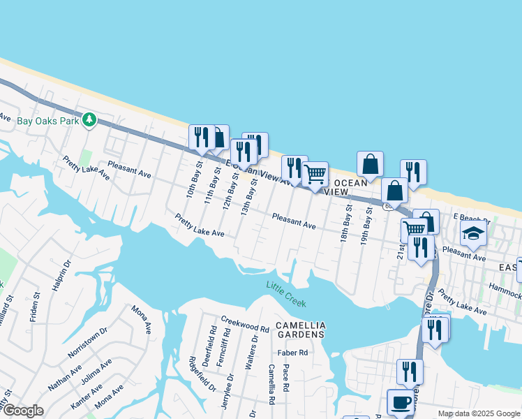 map of restaurants, bars, coffee shops, grocery stores, and more near 9574 14th Bay Street in Norfolk