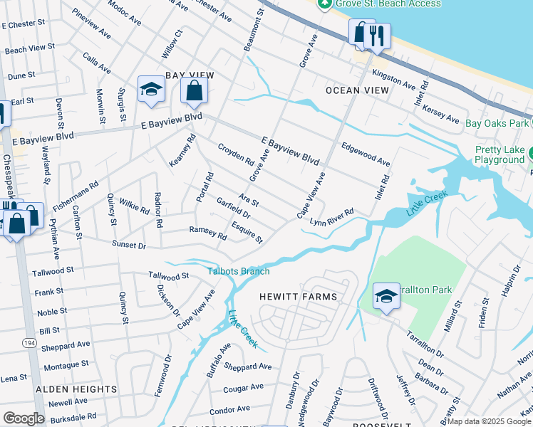 map of restaurants, bars, coffee shops, grocery stores, and more near 1825 Ara Street in Norfolk