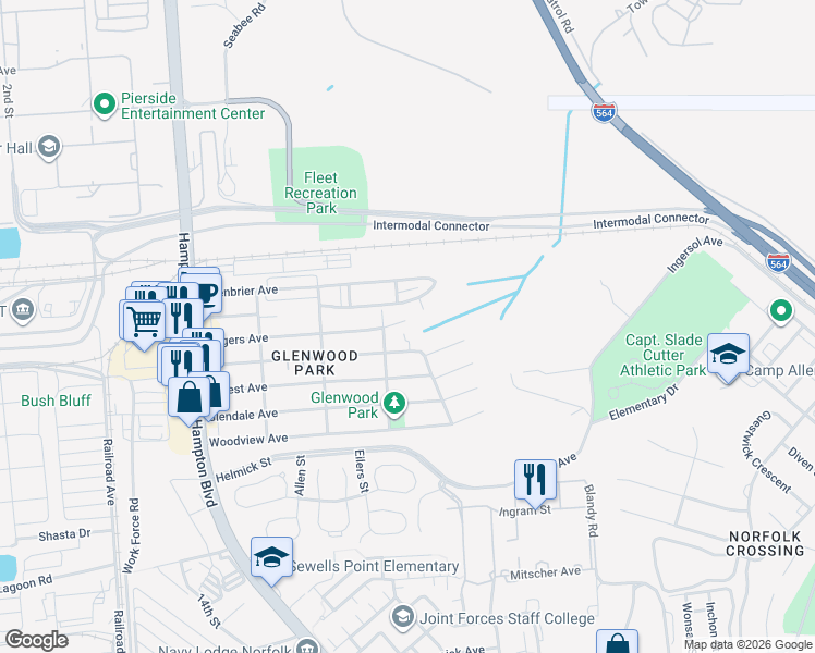 map of restaurants, bars, coffee shops, grocery stores, and more near 8411 Boush Creek Avenue in Norfolk