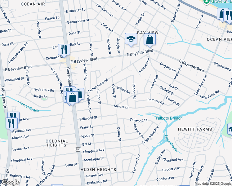 map of restaurants, bars, coffee shops, grocery stores, and more near 8466 Quincy Street in Norfolk