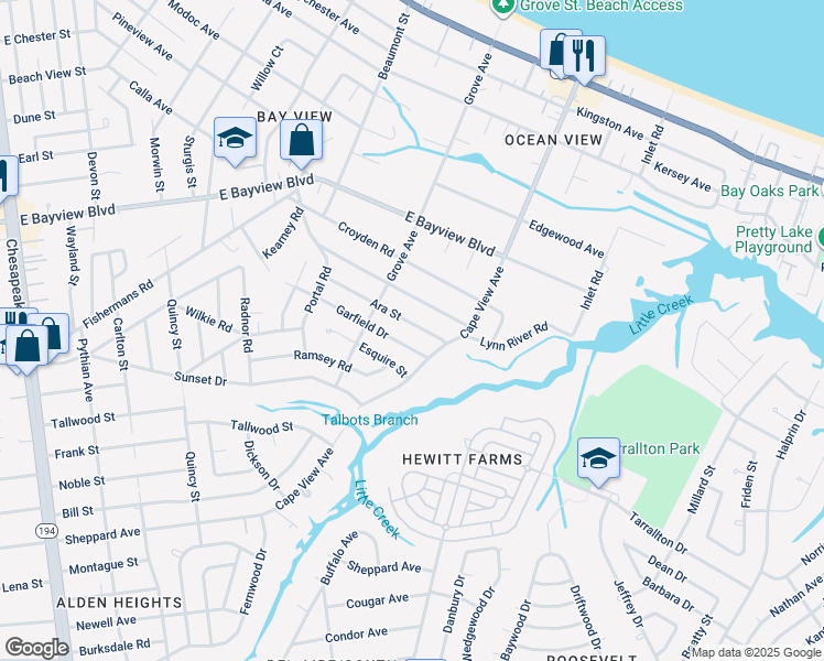 map of restaurants, bars, coffee shops, grocery stores, and more near 1825 Ara Street in Norfolk